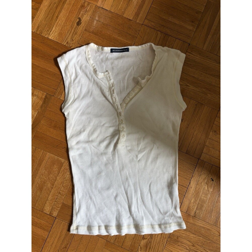 Brandy Melville White Cotton Knit Ribbed Henley Button Front Tank Top One Size